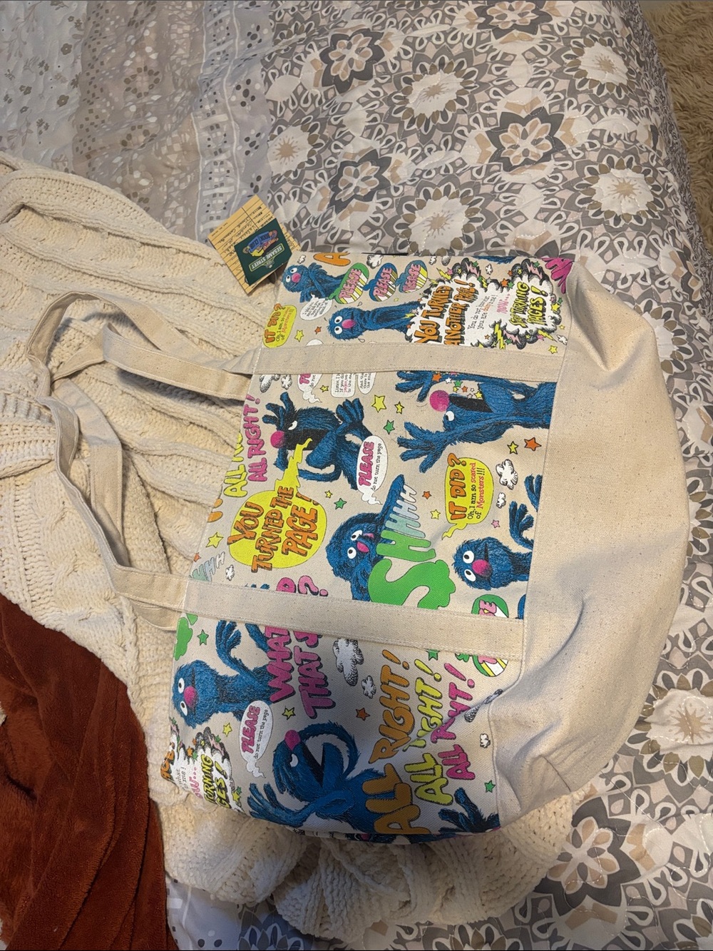 Out of Print Cream Canvas Tote with Blue & Green Grover Graphics